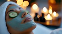Young woman relaxing with green clay facial mask and cucumber slices on eyes during spa treatment with warm bokeh lights in background.