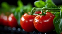 Fresh ripe red tomatoes with water drops and green leaves on dark background, macro shot with selective focus for food photography and marketing.