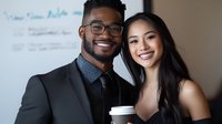 Young diverse business couple, African American man in suit and glasses with Asian woman in elegant dress, holding coffee cups and smiling at corporate meeting.
