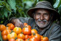Senior male farmer with gray beard holding fresh harvested tomatoes in plantation, organic farming and agriculture concept.