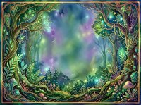 Enchanted forest landscape with ornate golden frame, mystical aurora borealis lights, lush vegetation, and magical woodland atmosphere. Perfect for fantasy art, book covers, and decorative designs.