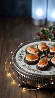 Elegant smoked salmon canapes with cream cheese and dill on dark bread served on festive holiday plate with warm lights and holly berries decoration.