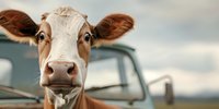 Curious brown and white dairy cow peering over vintage truck with expressive eyes and prominent nose, against blurred rural sky background.