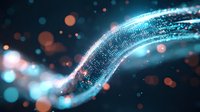 Glowing digital wave with particles and bokeh effects on dark background creates futuristic technology concept for business and science designs.