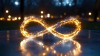 Glowing infinity symbol created with light trails and sparkles reflecting on wet surface against blurred city lights in evening atmosphere.