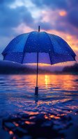 Blue umbrella with raindrops standing in water against dramatic sunset sky and clouds, creating reflection on rippled water surface. Atmospheric weather scene.