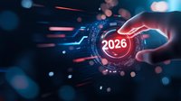 Futuristic technology concept showing finger touching 2026 number in glowing red circle with digital interface elements and motion blur effects.