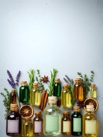 Essential oils collection in glass bottles with herbs, spices and dried citrus on white background for aromatherapy and natural wellness products.