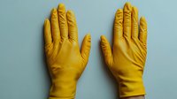 Yellow protective rubber gloves raised up against light blue background, showing palm side. Clean minimal composition for safety and hygiene concepts.
