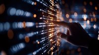 Human hand touching digital data stream with glowing numbers and code against dark background with bokeh lights, representing cybersecurity and technology innovation.