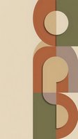 Retro geometric abstract composition with overlapping circles and curved shapes in earthy tones of rust, olive, and cream, featuring layered paper-cut style design elements.