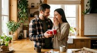 Young couple sharing romantic moment in cozy kitchen as man surprises woman with gift box, both smiling warmly in natural sunlit home interior.