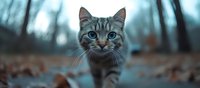 Curious striped cat with bright blue eyes walking through autumn forest floor covered in fallen leaves, dramatic close-up portrait in moody teal tones.