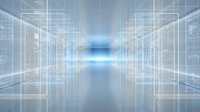 Futuristic data center corridor with glowing server racks and digital grid overlay creating high-tech computing environment for technology concepts.