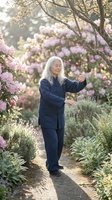 Senior Asian woman practicing tai chi in blooming garden with pink flowers during golden hour morning exercise routine for wellness and mindfulness.