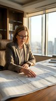 Professional mature Caucasian businesswoman architect reviewing blueprints in modern office with city view wearing glasses and gray suit.