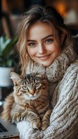 Young Caucasian woman with blue eyes wearing cozy knit sweater smiling while holding fluffy tabby cat near laptop, warm autumn mood for lifestyle and pet blogs.