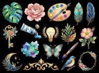 Artistic design elements collection with monstera leaf, peony flower, painter palette, feathers, magic wand, lightbulb, watercolor splashes, butterfly, brush, bird, floral wreath, moon and ornamental details. Isolated on transparent background, ready for t-shirts, clipart, stickers, sublimation and print-on-demand projects.