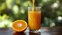 Fresh orange juice being poured into glass with orange half on wooden table against blurred green background for healthy breakfast concepts.