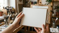Female artist with light skin tone holding open sketchbook with blank pages in creative studio workspace surrounded by art supplies, brushes, and plants for design and illustration projects.