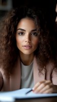 Young mixed-race businesswoman with curly hair working on tablet in modern office environment for professional and technology concepts.