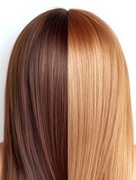 Straight long hair split in two contrasting colors - dark brown and blonde, showing before and after hair coloring result on white background.