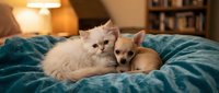 Fluffy white cat and tan chihuahua dog resting together on teal bedding in cozy bedroom with warm lighting, depicting pet friendship and companionship.