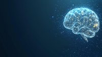 Glowing digital brain visualization with connected dots and lines forming neural network on dark background, representing artificial intelligence and machine learning.