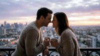 Couple toasting with mugs on rooftop terrace at sunset, cityscape backdrop, romantic moment between man and woman enjoying beverages together outdoors.