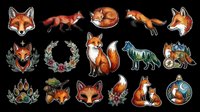 Red fox collection featuring multiple poses and decorative elements isolated on transparent background, ready for t-shirt design, clipart, stickers, sublimation and print-on-demand projects.