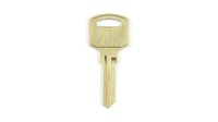 Blank brass key isolated on white background, uncut metal house key blank ready for duplication, security and locksmith concept.