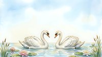 Two white swans face each other on calm water surrounded by pink water lilies and green reeds, creating a serene nature scene for wedding and romantic designs.