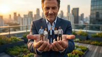 Mature Caucasian businessman in suit holding miniature people figures on rooftop terrace with city skyline at sunset, representing leadership and team management.