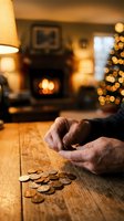 Elderly hands counting coins on wooden table with fireplace and Christmas tree lights glowing in warm home interior background.