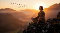 Young man meditating on mountain peak at sunrise with flying birds overhead. Peaceful meditation practice in nature for mindfulness and spiritual wellness.
