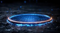 Glowing neon blue circle portal on dark wet surface with water drops and magical light effects creates mysterious futuristic atmosphere.