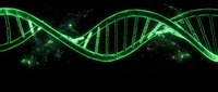 Glowing green DNA double helix structure floating in dark space with sparkling particles for genetics research and biotechnology concepts.