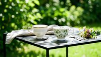 Outdoor tea time setup with white porcelain cups and fresh flowers on black table in sunny garden with natural green bokeh background for relaxation.