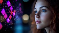 Young woman with bright blue eyes gazes upward in profile view against dark background with glowing pink geometric shapes and bokeh lights creating magical atmosphere.