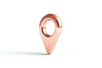 Rose gold location pin marker on white background, metallic navigation pointer symbol isolated for maps and location-based designs.