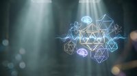 Glowing geometric wireframe shapes with neural network connections and digital spheres floating in dark space, representing data science and artificial intelligence technology.
