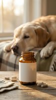 Pet medication bottle with pills on wooden table, golden retriever dog resting on sofa in background, warm sunlight streaming through window for veterinary care.