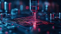 Laser engraving process on electronic circuit board with red and blue lighting effects, close-up view showing precision manufacturing technology in modern production.