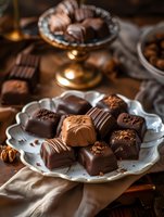 Assorted luxury chocolate pralines and truffles on vintage porcelain plate. Dark and milk chocolate bonbons with various fillings and decorative toppings in moody setting.
