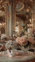 Elegant floral arrangement with pink roses and hydrangeas in vintage teapot against ornate baroque mirror backdrop, soft lighting creates romantic atmosphere in luxury cafe.
