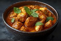 Spicy chicken curry with tender meat pieces in rich tomato-based sauce garnished with fresh mint leaves, served in rustic brown ceramic bowl on dark background.