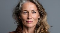 Mature woman with wavy gray hair and blue eyes showing aging comparison, half face with wrinkles and half with smooth skin against gray background.