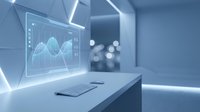 Futuristic workspace with holographic data visualization displaying financial charts and graphs on transparent screen, smartphone on desk, modern office environment with blue lighting.