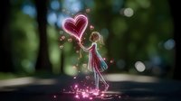 Young girl in dress with glowing magical heart and sparkles on dark background with bokeh effect. Fantasy art concept for greeting cards and romantic designs.