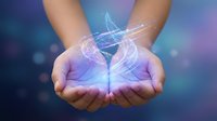 Female hands cupped together holding glowing digital brain with neural network connections and light effects on colorful gradient background.
